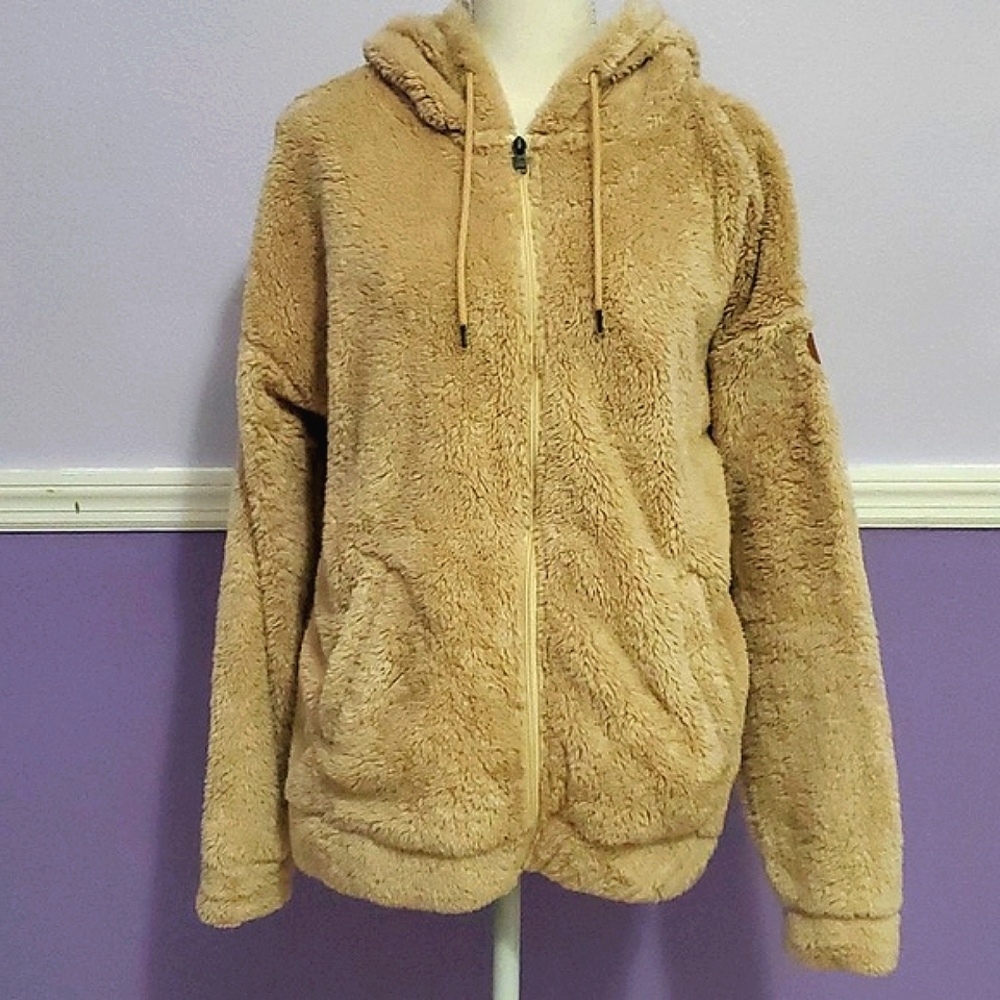Roxy Head On Down Tan Sherpa Zip Up Cozy Oversized Hoodie M
